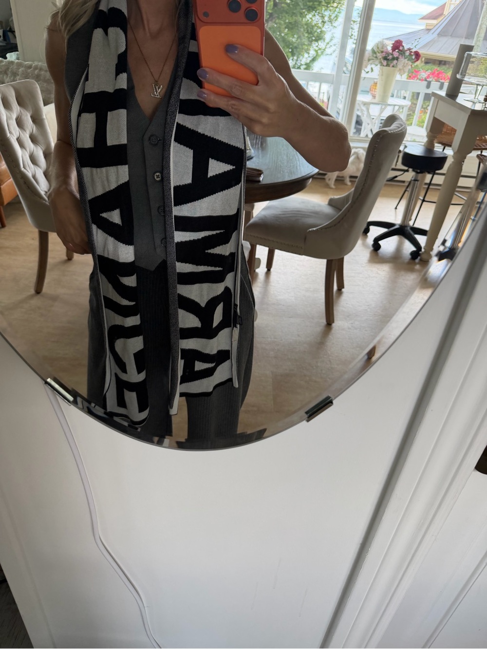 Gray Knit Vest with Graphic Scarf - Unbranded